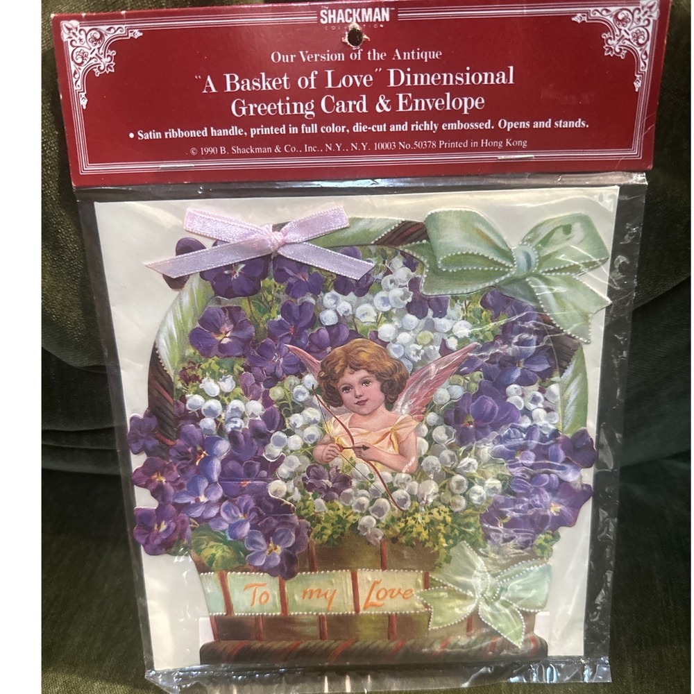 Shackman A Basket of Love Dimensional Greeting Card Victorian Cherub Violets 90s